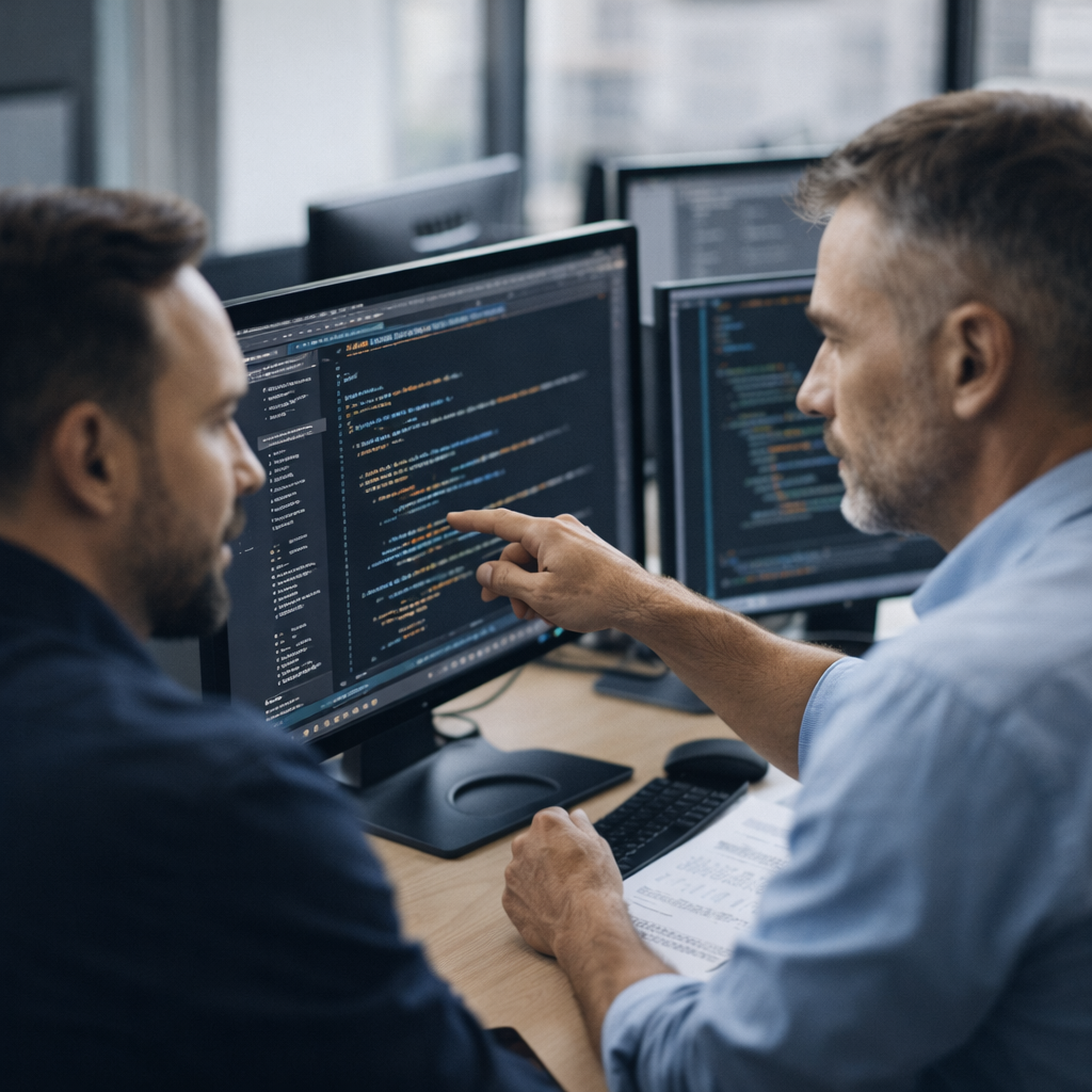 Two software engineers collaborating while reviewing code on multiple monitors.